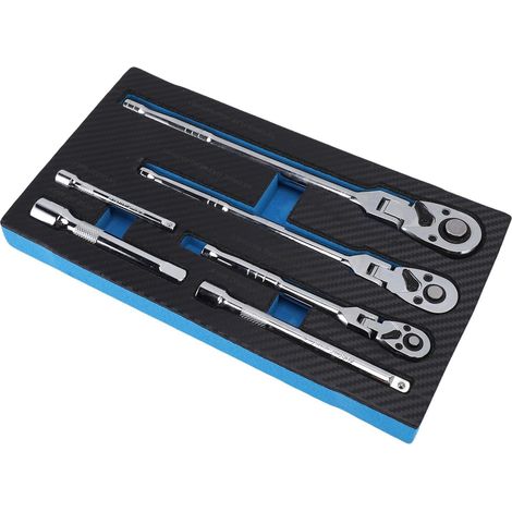 Ensemble de Clés à Cliquet Tête Flexible 6 Pièces 1/4 Pouce 3/8 / 2/2 Pouces Cale Tour Pivot Calet avec Barre D'extension 72 Dent 180 ° Réglable - (1/5)