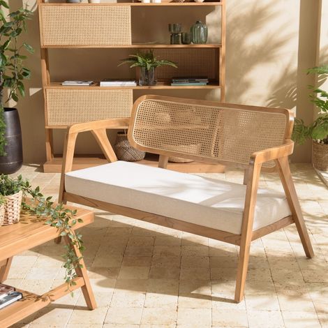 WILL - Canapé 2 p. bois de teck dossier cannage naturel coussin gris (1/5)