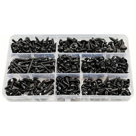 340 schwarze selbstbohrende Schrauben für Blech, selbstschneidende Schrauben in Edelstahl und Kohlenstoffstahl, Flachkopf-Holzbefestigungsset, Kreuzschlitzgrößen: M3,0–M4,8 (1/5)
