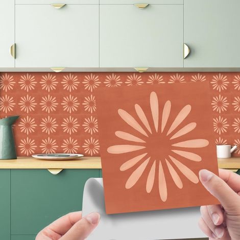 Adhesive Wall Tiles for Kitchen, Bathroom, Rectangular Adhesive Splashback for Kitchen, Bohemian Style - Self-Adhesive PVC Wall Tile (Orange, 20x20cm) (1/5)