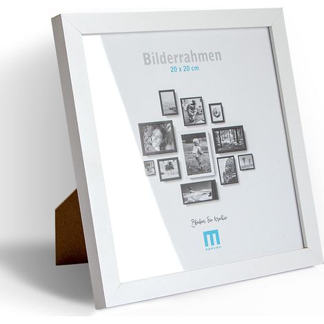 Cadre photo moderne et intemporel en bois MDF blanc pour petites photos et images de 20 x 20 cm avec protection en verre acrylique inclus. Il peut être utilisé comme support de table ou à poser au mur (1/4)