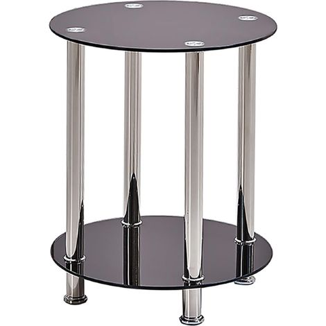 Round Side Table, Glass Sofa Side Table for Living Room, 2-Tier Small Coffee Table with Glass Top and Chrome Legs(Black)