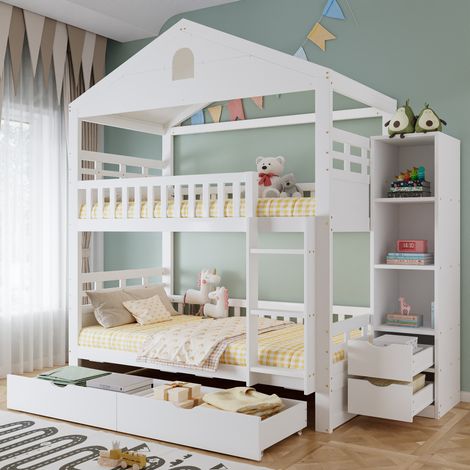Lit superposé cabane 90x200 cm avec 2 tiroirs, armoire latérale et échelle - bois/MDF - Blanc (1/5)