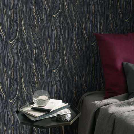 Papier peint noir & doré effet marbre moderne | Tapisserie salon tendance noir & or | Papier peint intissé design pour salon (1/2)