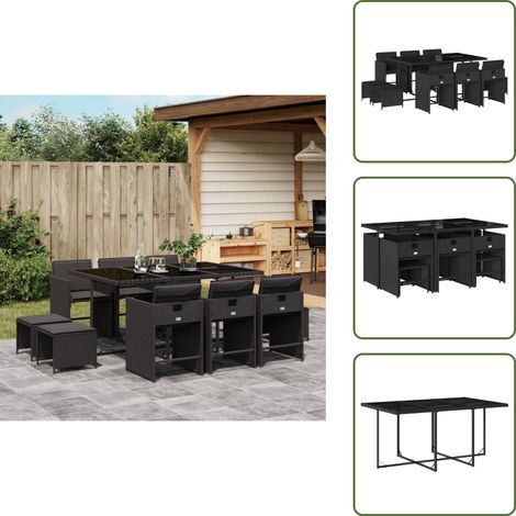 11-tlg. Garten-Essgruppe mit Kissen Schwarz Poly Rattan - Gartenmöbel Set - Essgruppenset - Outdoor Möbel - Gartentisch - Gartenstühle (1/5)