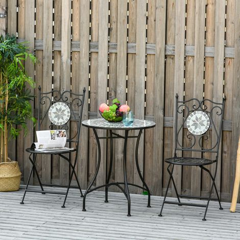 Outsunny Garten Sitzgruppe für 2 Personen Balkonmöbel Set Mosaiktisch+faltbare Stühle Metall Keramikfliese Mehrfarbig