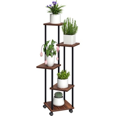 Blumenständer mit 5 Ebenen, 5-stufiger Pflanzenständer, versetztes Design, leicht zu verschieben, Holz, Stahl