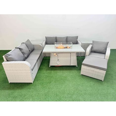 Fimous 8 Seater Poly Rattan Outdoor Garden Furniture Firepit Dining Table Sofa Set Patio 3 Seater Sofa Reclining Chair 3 Seater Sofa Big Footstool 2 Side Table Light Grey (1/4)