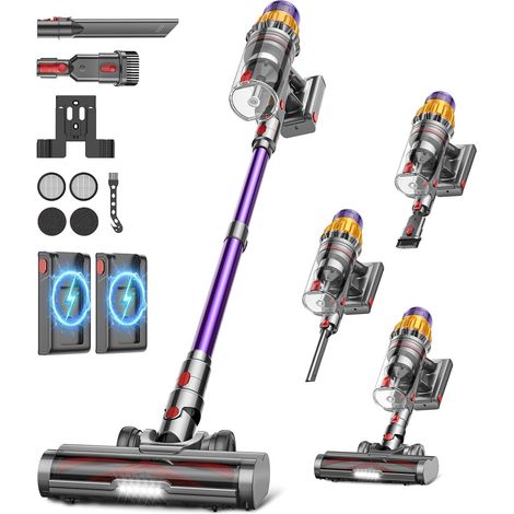 Aspirateur Balai sans Fil avec 2 Batteries,150Min/55KPA/600W Brosse Anti-Enchevêtrement, Support Mural Rechargeable, Écran LED, Aspirateur Puissant pour Poils d'animaux/Tapis/Sols Durs (1/5)