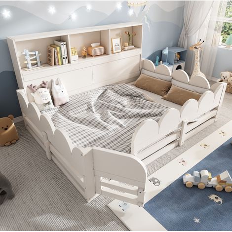 Cama Montessori infantil 140x190 cm blanca con barrera, puerta y estante (1/5)
