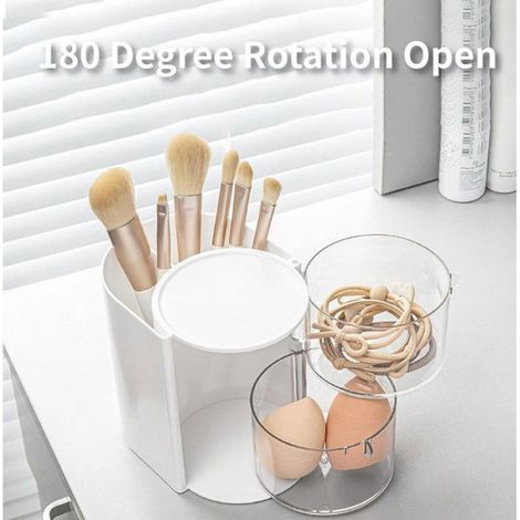 Organisateur maquillage rotatif, boîte de rangement poussière 2 tiroirs, porte-brosses et bijoux, blanc (1/4)