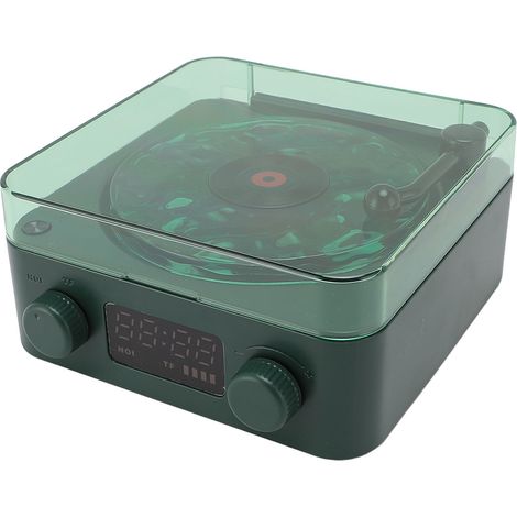 Enceinte style tourne-disque, sans fil, style vintage, petite enceinte Bluetooth avec éclairage d'ambiance et affichage de l'heure, idéale pour les chambres, les salons et les bureaux. Vert foncé. (1/5)