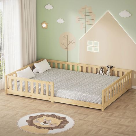 ML-Design Kinderbett 140x200 cm, Natur, Bodenbett für Kinder mit Lattenrost und Rausfallschutz, Jugendbett aus massivem Kiefernholz, Bettgestell für Jungen und Mädchen, Holzbett Babybett Doppelbett (1/5)