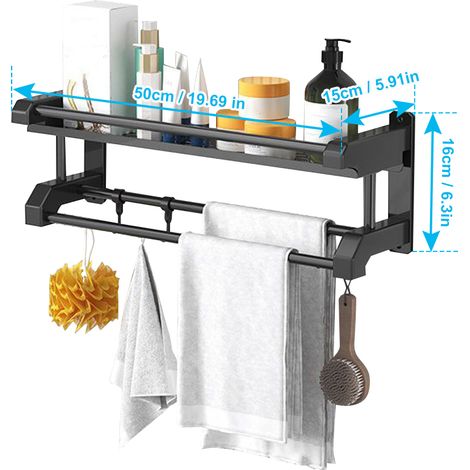 Toallero de pared de acero inoxidable para baño con 5 ganchos – Negro – 50 cm (1/4)