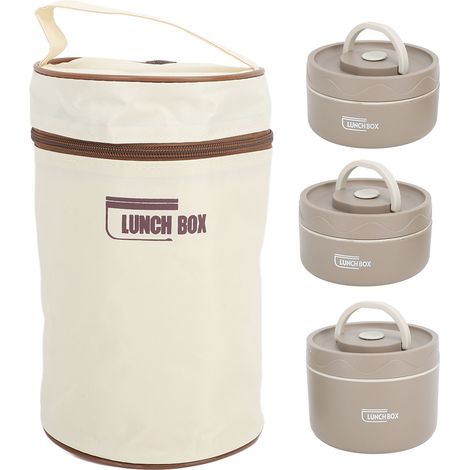 Boîte Bento Isotherme en Acier Inoxydable 304 Anti-Fuite, Rond Portable avec Sac Isotherme - 3 Pièces Couleur Café Profond (1/5)
