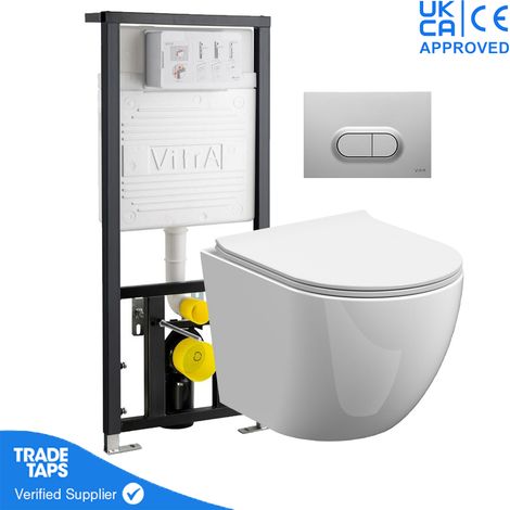 Rimless Wall Hung Toilet Pan with VITRA 1.12m Concealed Cistern Frame - Loop O - Steel - Anti Fingerprint Dual Flush Plate (1/5)