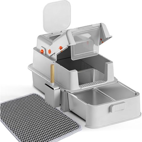 Enclosed Stainless Steel Litter Box with Drawer, Large Metal Box with Lid for Indoor Cats, Metal Covered Litter Box with Litter Scoop and Pedal (Grey (1/5)