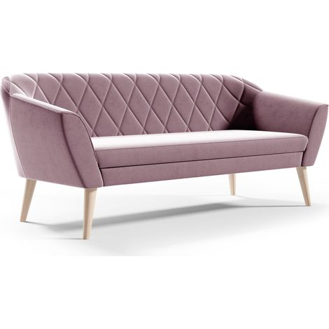Sofa GLORIA 3-Sitzer in Samt Rosa – Skandinavisches Design Rauten-Steppung Holzfüße Elegant & Komfortabel (1/3)
