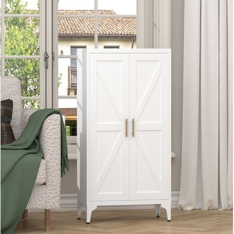 Armadio contenitore in metallo bianco a 2 ante, 3 ripiani regolabili, 120 cm, OKWISH (1/5)