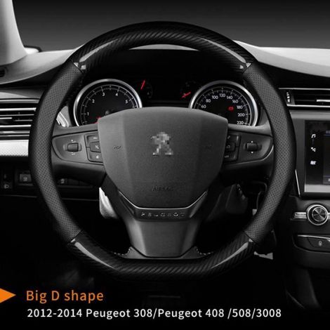 Housse de volant en cuir de vachette et fibre de carbone, noire, compatible Peugeot 206, 207, 208, 308 et 3008, kit de montage inclus (1/4)