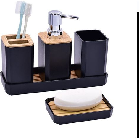 5 Pièces Ensemble d'Accessoires de Salle de Bain Accessoire pour Salle de Bain en Bambou avec Bouteilles de Lotion, Porte-Brosse à Dents, Gobelet à Dents, Porte-Savon, Plateau (Noir) (1/4)