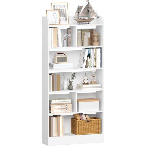 Libreria a 6 Ripiani, Scaffale con Scomparti e Ripiani Aperti, Organizzatore, Libreria Verticale Mobiletto Multiuso per Soggiorno, Camera da Letto, Studio, Bianco (1/5)