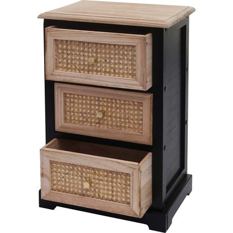 Kommode HHG-674, Schubladenschrank Schrank, Holz Rattan 63x40x28cm schwarz, naturfarben