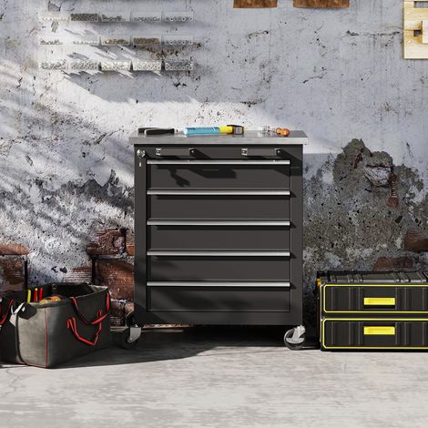 Armoire à outils à 5 tiroirs, servante d'atelier à roulettes, chariot à outils en acier, coloris argenté et noir