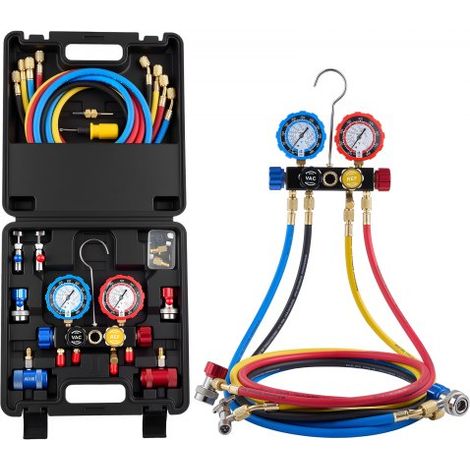 Juego de Manómetros de 4 Vías para Carga de Refrigeración R134a R404A R1234yf R22, con Manguera de 1,5 m, Adaptadores, Acopladores Rápidos, Grifos para Mantenimiento de Aire Acondicionado (1/5)