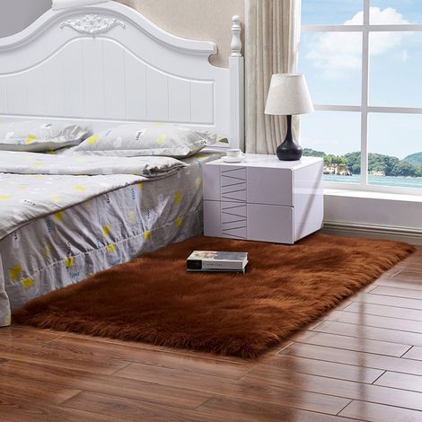 Tapis de chambre 1 pièce, tapis en fausse fourrure, tapis doux et moelleux, idéal pour le salon ou la chambre d'enfant, décoration, lavable, rectangulaire, 60 x 90 cm, marron (1/4)