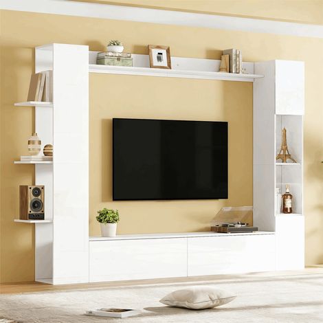Meuble TV mural de salon 4 pièces avec étagères extensibles et rangement Conception d'armoire double face Blanc