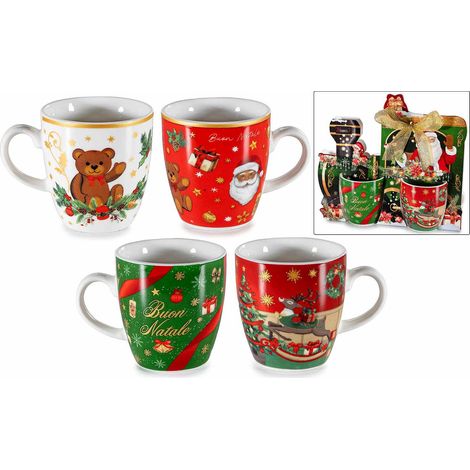 Tasses de Noël en porcelaine en coffret cadeau train du Père Noël avec nœud, lot de 4, tasse diam. 5,5 cm x H. 6