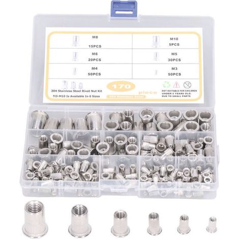 Juego de 170 tuercas remachables de acero inoxidable con cabeza plana y rosca，surtido de casquillos para tuercas de tipos M3，M4，M5，M6，M8 y M10