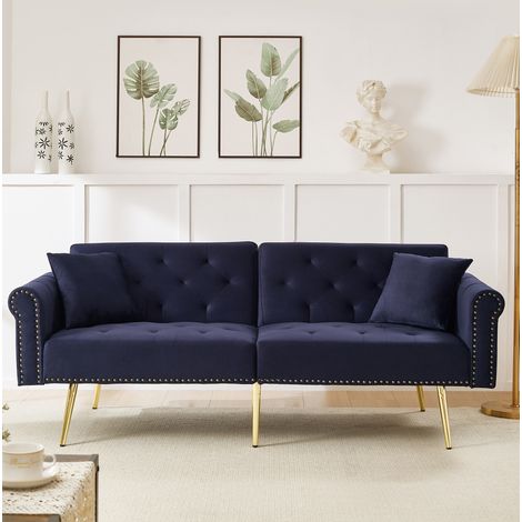 Canapé convertible 2 posti in velluto blu antico con schienali regolabili a 3 posizioni, area letto 147x85 cm (1/5)
