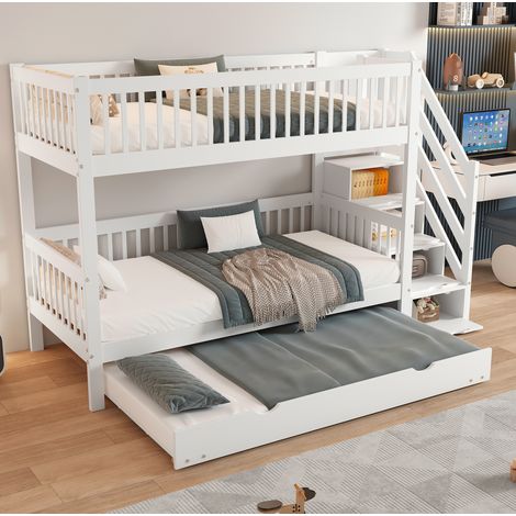 Etagenbett 90/200/190 cm Weiß aus Kiefer und MDF mit Leiterschrank und Rollbett (1/5)