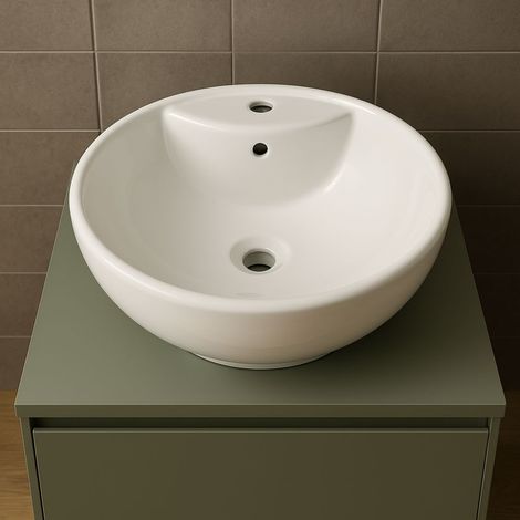 Lavabo d'appoggio ceramica bianco tondo lavandino arredo bagno cm 46x46x17 (1/5)