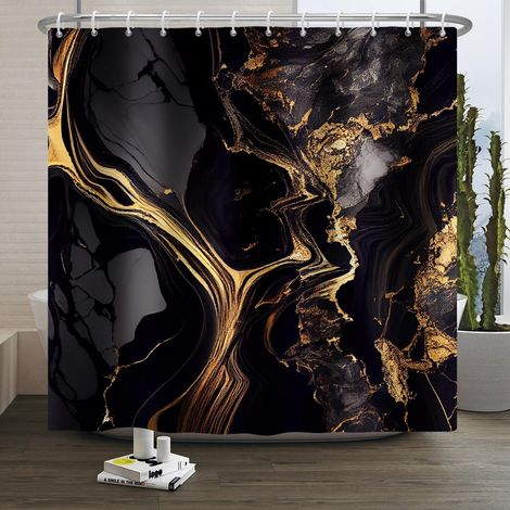 Rideau de douche marbre abstrait noir doré 120 x 180 cm, tissu imperméable lavable en machine pour salle de bain
