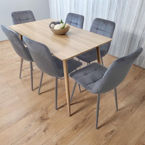 Dining Table and 6 Chairs Wood Effect 6 Grey Velvet Chairs Dining Set (1/5)