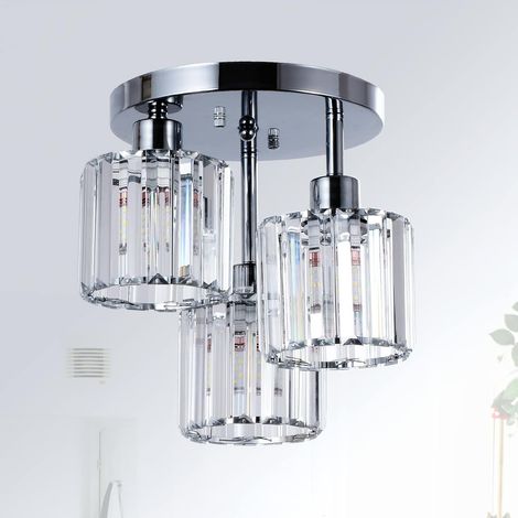 Lustre en cristal, plafonnier en cristal à 3 lumières avec abat-jour en verre, plafonnier chromé, adapté au salon, couloir, salle de bain, chambre, cuisine [Économie d'énergie de qualité D]