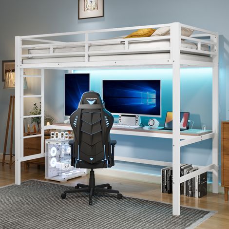 Cama alta infantil 90x200 cm de metal blanco con escritorio, ahorro de espacio FloraGrace (1/5)