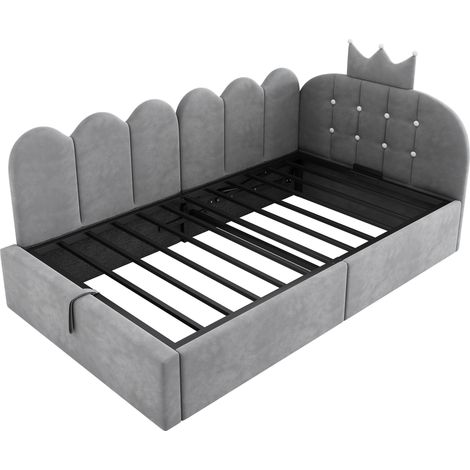Letto divanetto 90x200 cm in velluto grigio con contenitore idraulico e design corona (1/5)