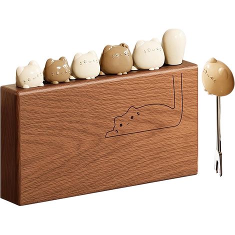 Forchette in acciaio inox - 6 forchette piccole e graziose con design a gatto e supporto in legno - Adatte per aperitivi, salumi, formaggi, pasticcini e insalate (1/5)