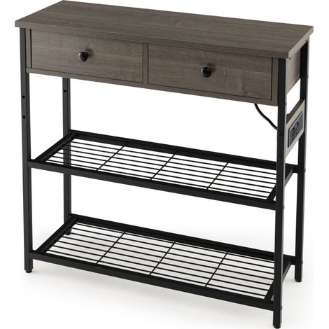 Table d'entrée avec station de chargement 81 x 30 x 81 cm rangement fonctionnel à 2 tiroirs et 2 étagères en bois gris