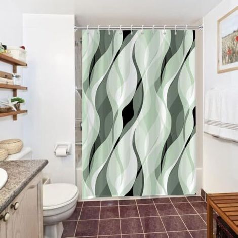 Anti-Schimmel-Duschvorhang, abstrakt gestreift in Salbeigrün, wasserdicht und waschbar, aus Polyestergewebe, inklusive 10 Haken, 150 x 180 cm