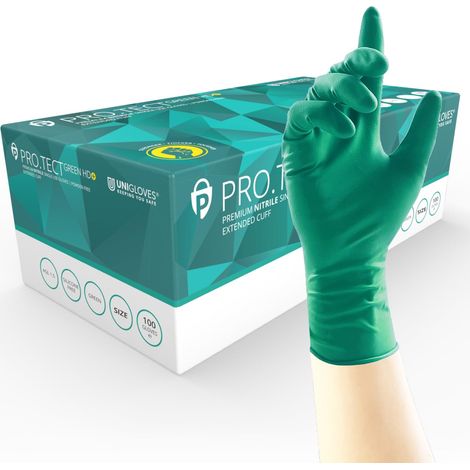 Gants jetables en nitrile avec manchette allongée - Ultra résistants, usage unique, multi-usages, sans poudre, boîte de 100 gants, vert, taille XS (GA0091). (1/5)