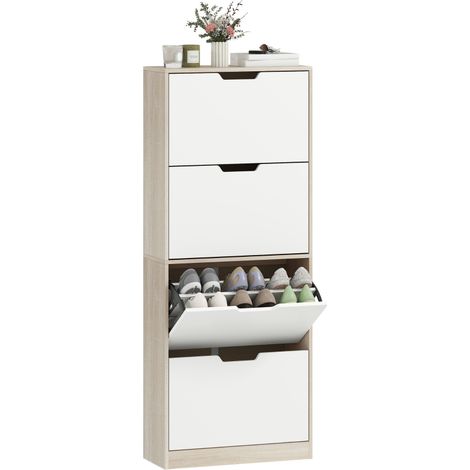 Scarpiera Salvaspazio Slim a 4 Cassetti per 20 Paia di Scarpe 62.5x26x156 cm, color Legno e Bianco