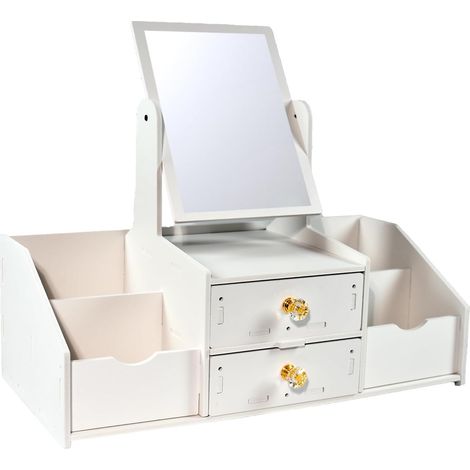 Schminkorganizer mit Spiegel, weißer Kosmetikorganizer aus Kunststoff mit Schubladen, Kosmetikdisplay für den Schminktisch, Aufbewahrungsbox für Schmuck und Schreibtisch-Make-up. (1/5)