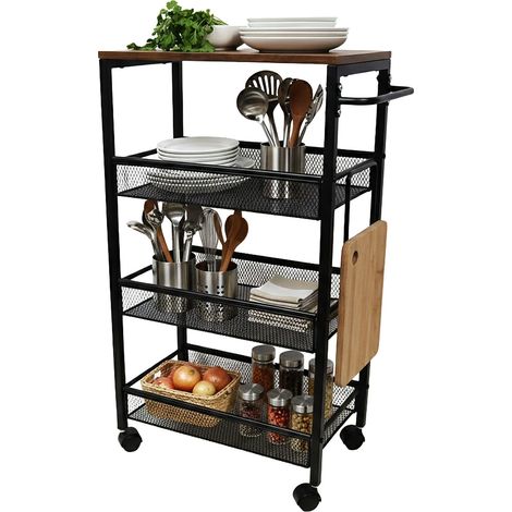Relaxdays carro para nichos 77x22x45 cm, estantería estrecha baño/cocina, 4 niveles, metal con ruedas, marrón/negro