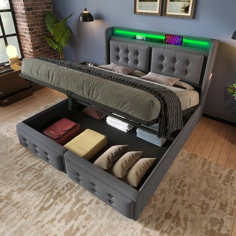 Lit Coffre 180x200 cm Gris, Lit Simple Rembourré avec Tête de Lit LED, Prises USB-C et Sommier à Lattes Relevable - Tissu Coton Lin (1/5)