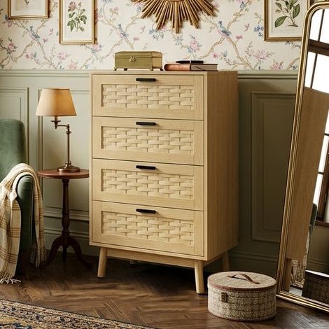 Creahappy Commode 4 Tiroirs 55x40x95 cm, Meuble de Rangement en Cannage PVC Style Bohème et Bois de Chêne, Buffet Haut pour Salon